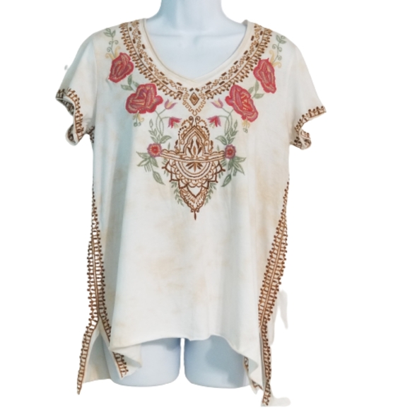 CAITE Tops - CAITE Dawson Embroidered Boho Tan Tie Dye Shirt Women's Size Small